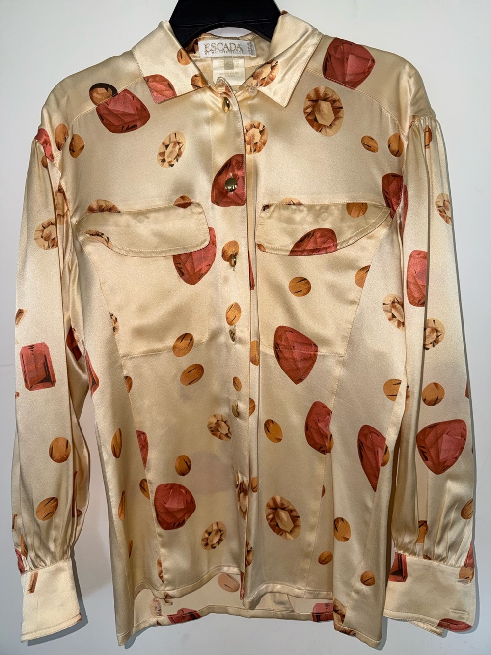 Escada Cream Satin Blouse with Rust and Amber Gem Print
